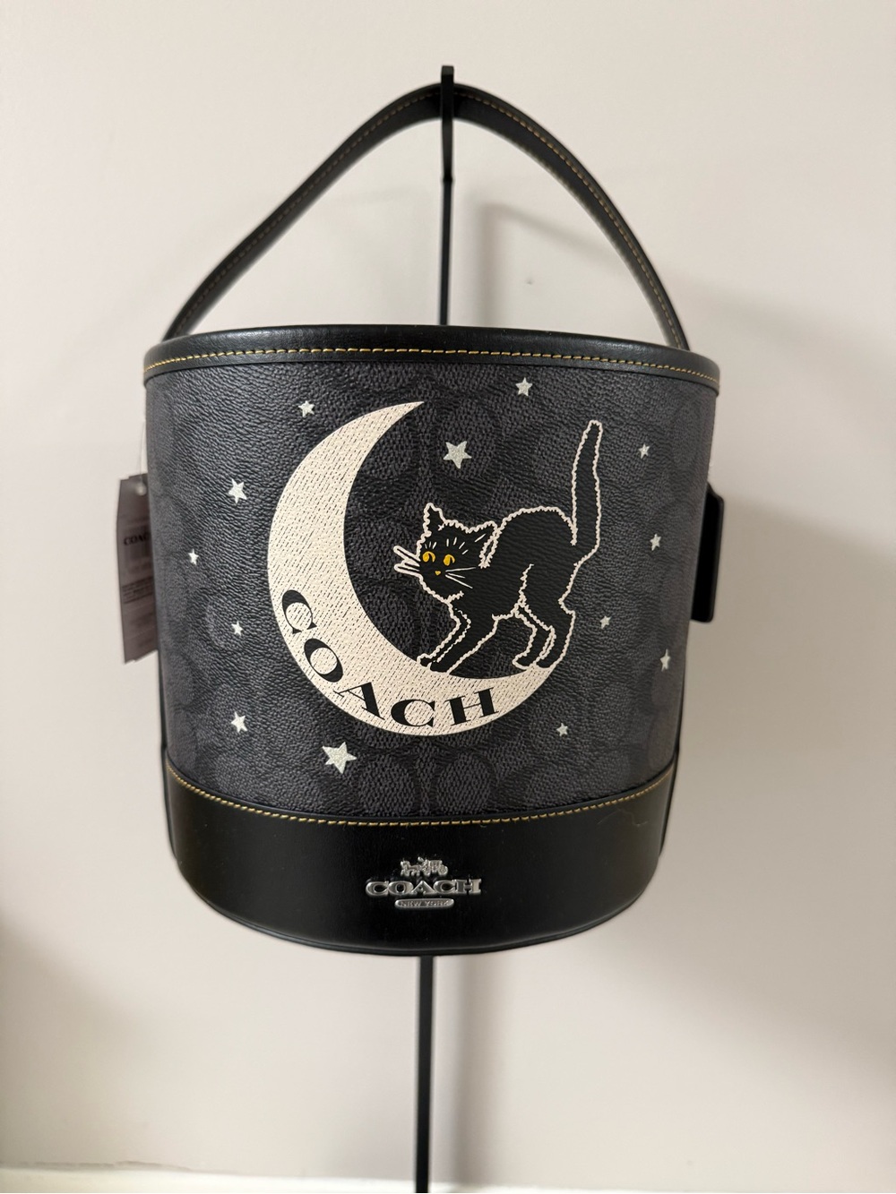 Coach Halloween Black Bucket Bag with Moon & Cat Graphic